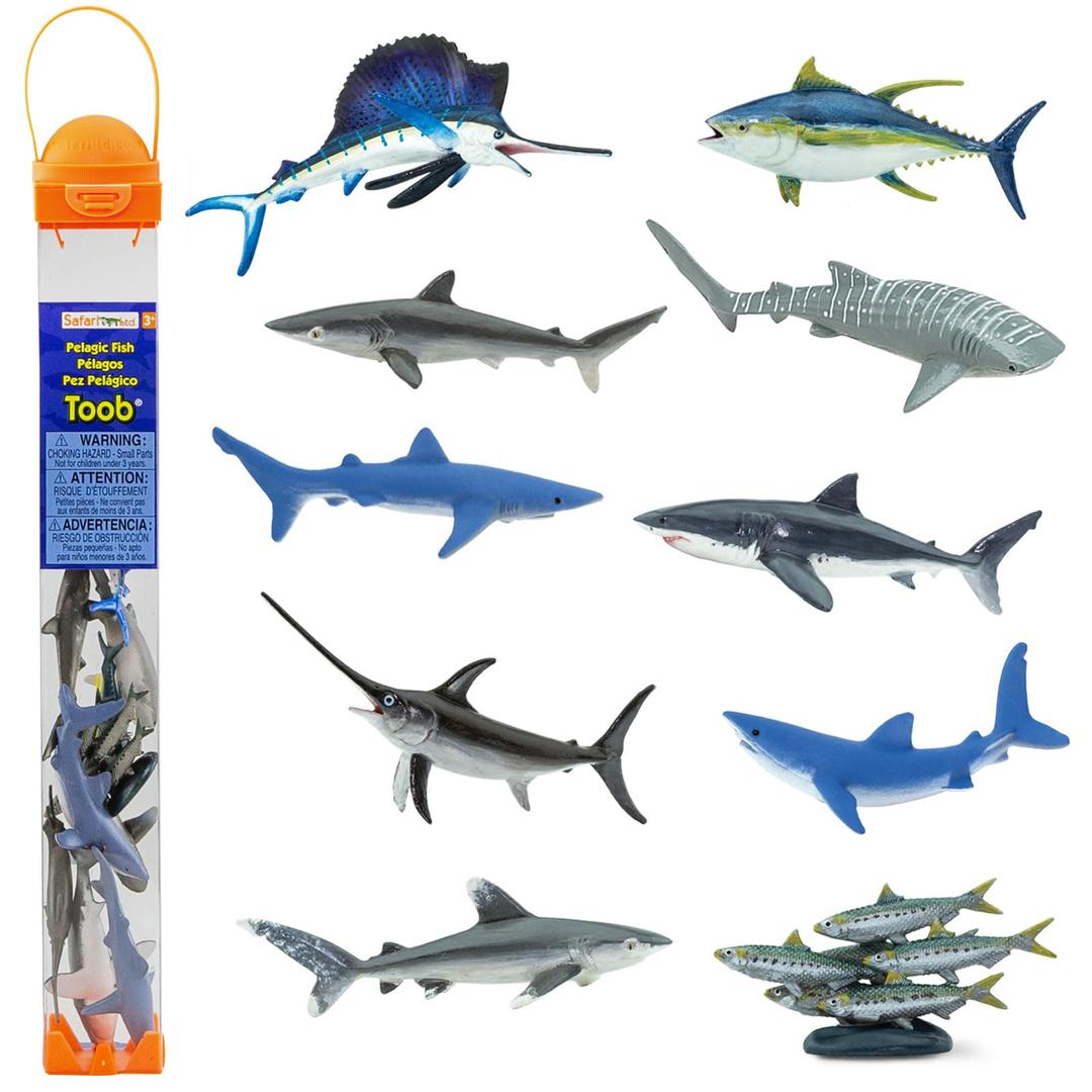 Safari Ltd. Pelagic Fish TOOB - Figurines of Sailfish, Swordfish, Yellowfin Tuna, Sardines, Silky, Whitetip, Great White, Blue, Mako & Whale Shark - Educational Toy Set for Boys, Girls & Kids Ages 3+