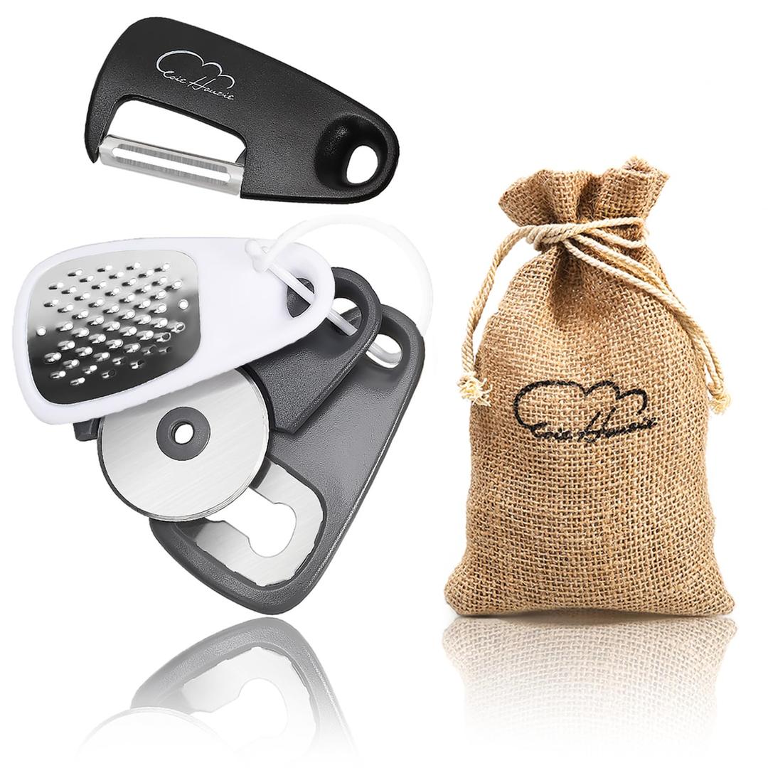 5 Pieces Kitchen Gadgets Set - Space Saving Cooking Tools Accessories Cheese Chocolate Grater, Fruit Vegetable Peeler, Bottle Opener, Pizza Cutter, Burlap Bags with Drawstring Gift Set