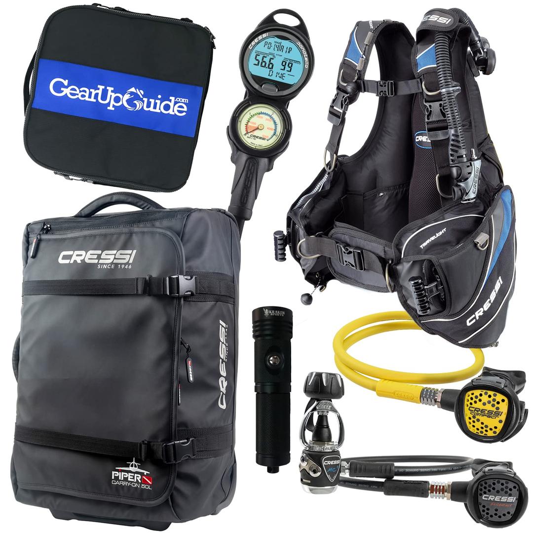 Cressi Travelight 15 LBS Scuba Diving Package Carry On Reg Dive Computer GupG Reg Bag and Kraken Dive Torch