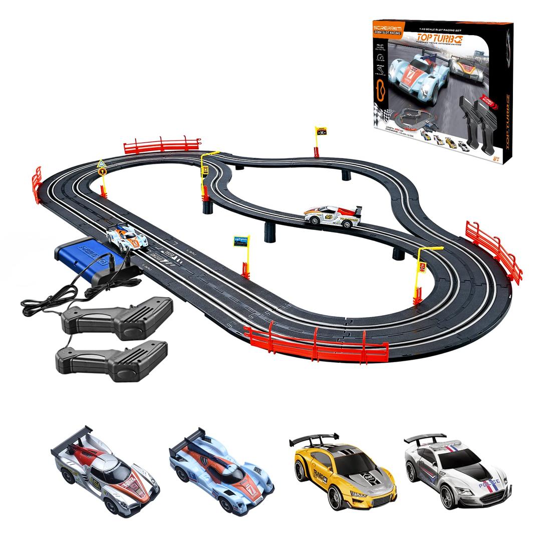 Electric Racing Track Sets for Boys and Kids Including 4 Slot Cars 1:43 Scale and 2 Controllers, Gift Toys for Children