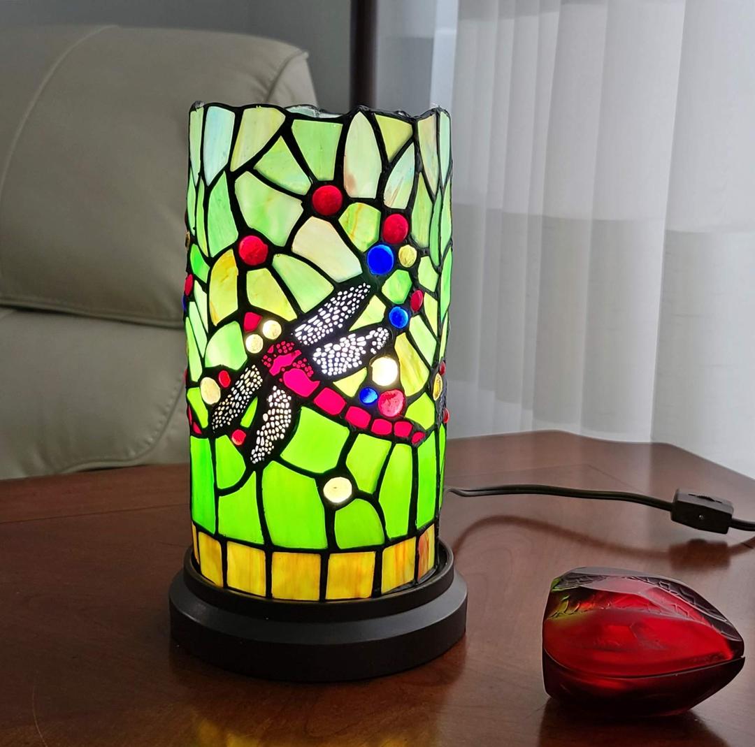 Amora Lighting Tiffany Style Accent Lamp 10" Tall Stained Glass Yellow Red Dragonfly Floral Vintage Antique Light Decor Nightstand Living Room Bedroom Gift AM1015ACCB, Multicolor, Medium