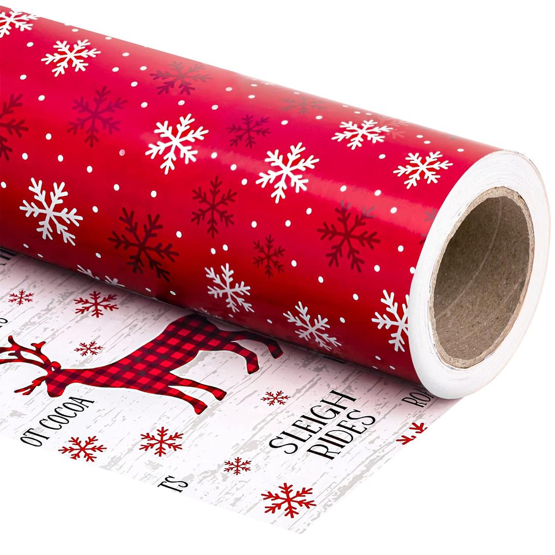 WRAPAHOLIC Reversible Christmas Wrapping Paper - Mini Roll - 17 Inch X 33 Feet - Red White Snowflakes and Reindeer Design for Holiday, Party, Celebration