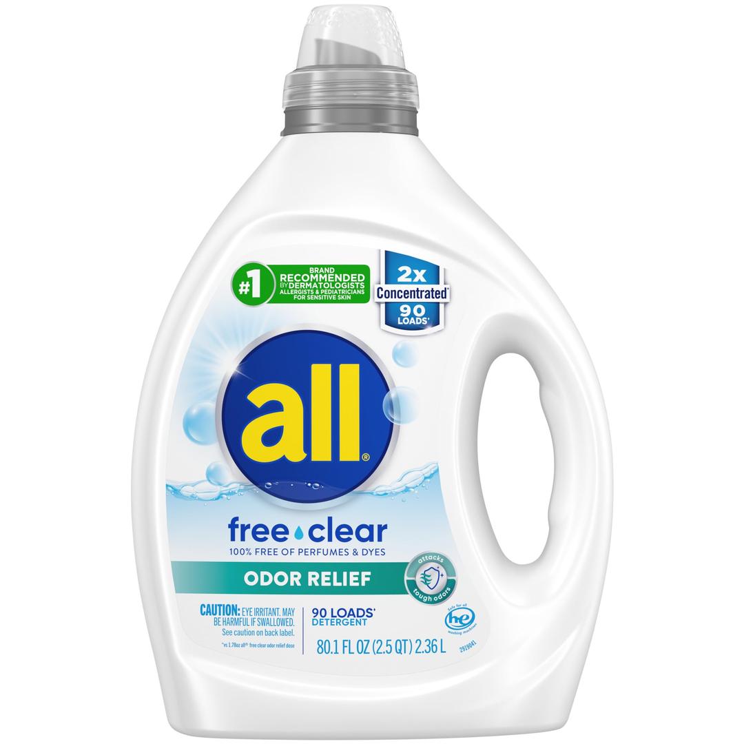 allLaundry Detergent Liquid, Free Clear for Sensitive Skin, Odor Relief, Unscented and Hypoallergenic, 2X Concentrated, 90 Loads