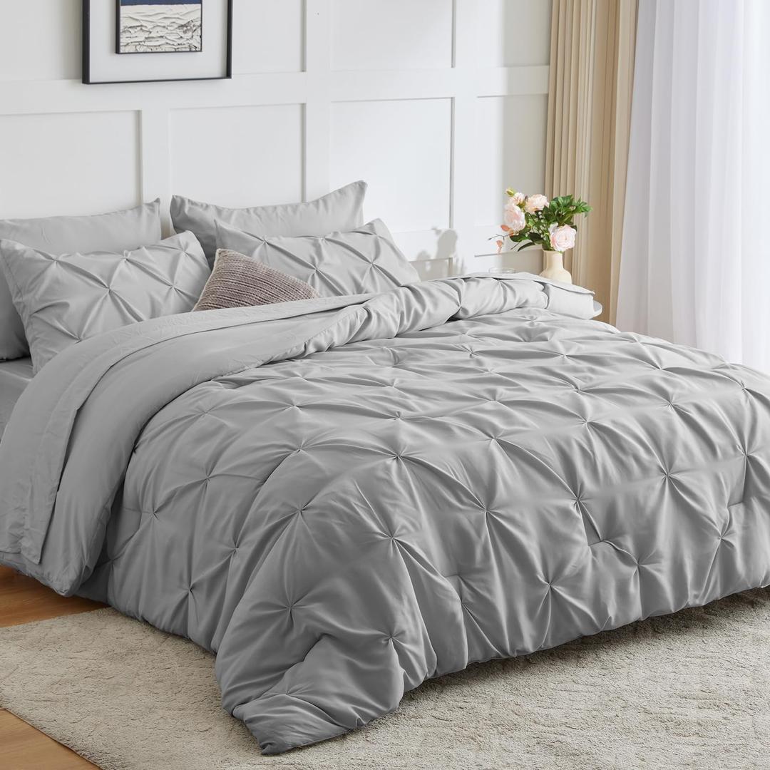 CozyLux Queen Comforter Set - 7 Pieces Comforters Queen Size Light Gray, Pintuck Bed in A Bag Pinch Pleat Bedding Sets with All Season Comforter, Flat Sheet, Fitted Sheet and Pillowcases & Shams