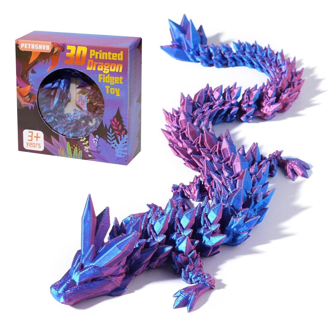 12" 3D Printed Dragon, Articulated Dragon, Crystal Dragon, Dragon Fidget Toy, Home Office Decor Executive Desk Toy (Purple)