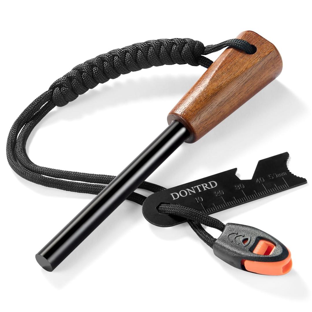 Survival Fire Starter - Handmade Wooden Handle 3/8" Thick Ferro Rod with Striker and Umbrella Rope Waterproof Iron Rod Flint and Steel Fire Starter Kit