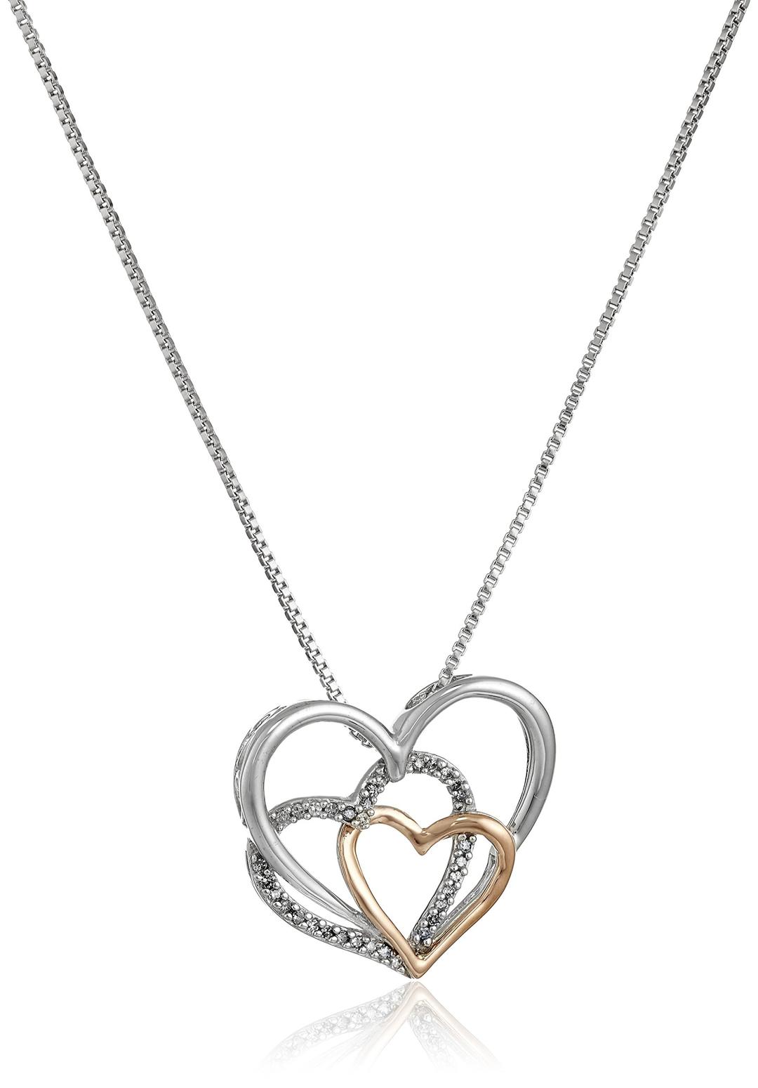 Amazon Collection Sterling Silver and 14k Rose Gold Diamond Accent Triple Heart Pendant Necklace,18"