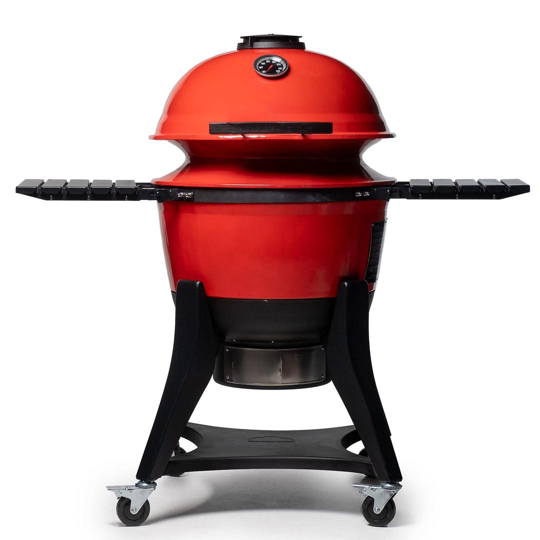 Kamado Joe Kettle Joe 22-inch Kettle Charcoal Grill with Hinged Lit, Cart, Side Shelves and SloRoller Hyperbolic Slow Smoker Chamber in Red, Model KJ15040320