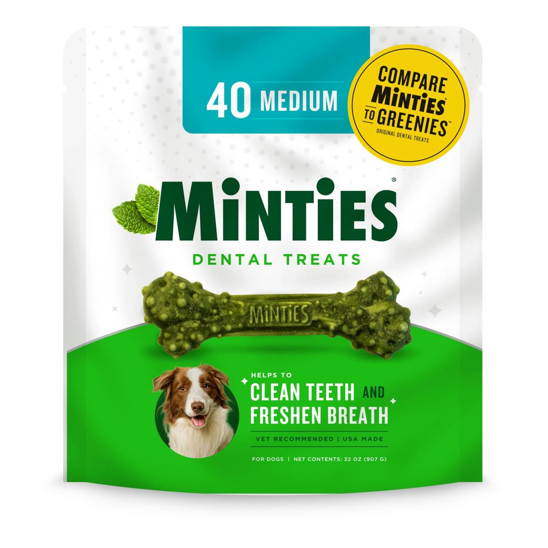 MintiesDental Chews for Dogs, 40 Count, Vet-Recommended Mint-Flavored Dental Treats for Medium Dogs 25-50 lbs, Dental Bones Clean Teeth, Fight Bad Breath, and Removes Plaque and Tartar