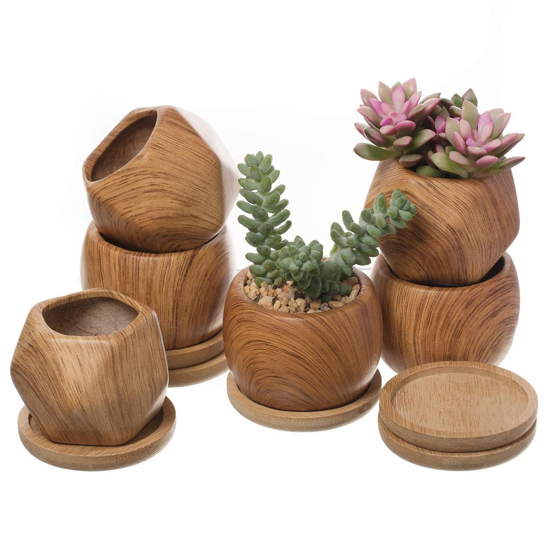 T4U 2.5 Inch Succulent Garden Pot with Bamboo Tray, Small Ceramic Wooden Pattern Windowsill Plant Pot Cactus Herb Planter for Home and Office Decoration Birthday Wedding Pack of 6