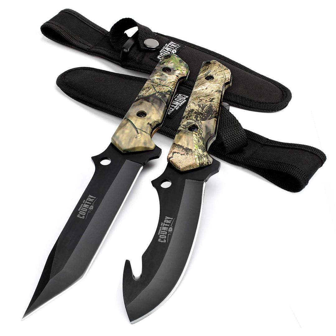 Mossy Oak Good Merry Christmas Gift, Fixed Blade Hunting Knife Set - 2 Piece, Full Tang Handle Straight Edge and Gut Hook Blades Game Processing Knife, Sheath Included