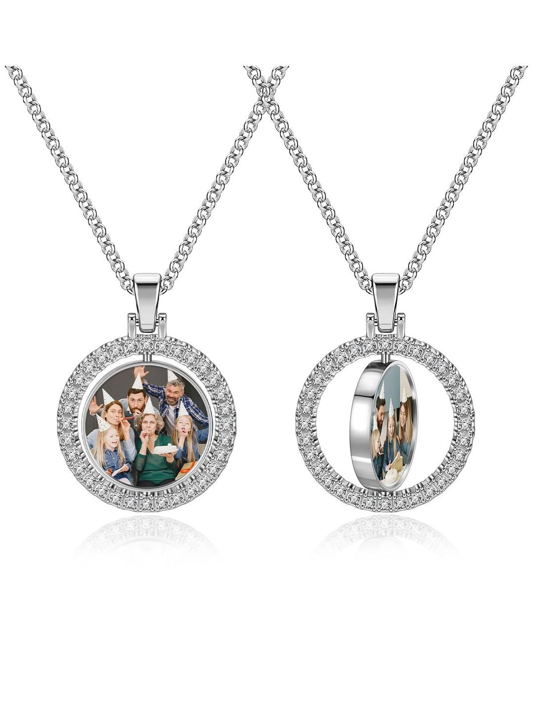 Zysta Personalized Picture Necklace Double Sided Photo Custom Memory Pendant Full Color Photo Engraved Rotating Necklace Hip Hop Jewelry for Men and Women