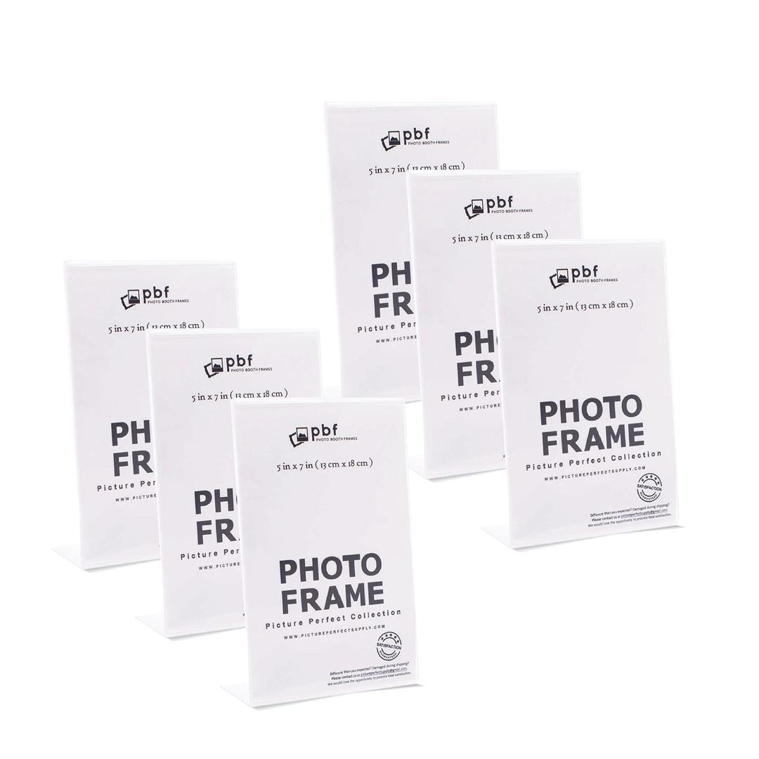 Photo Booth Frames - 5x7 Inch Clear Acrylic Display, Slanted Back Vertical Standing Plastic Picture or Display Sign Holder with Inserts - 6 pack