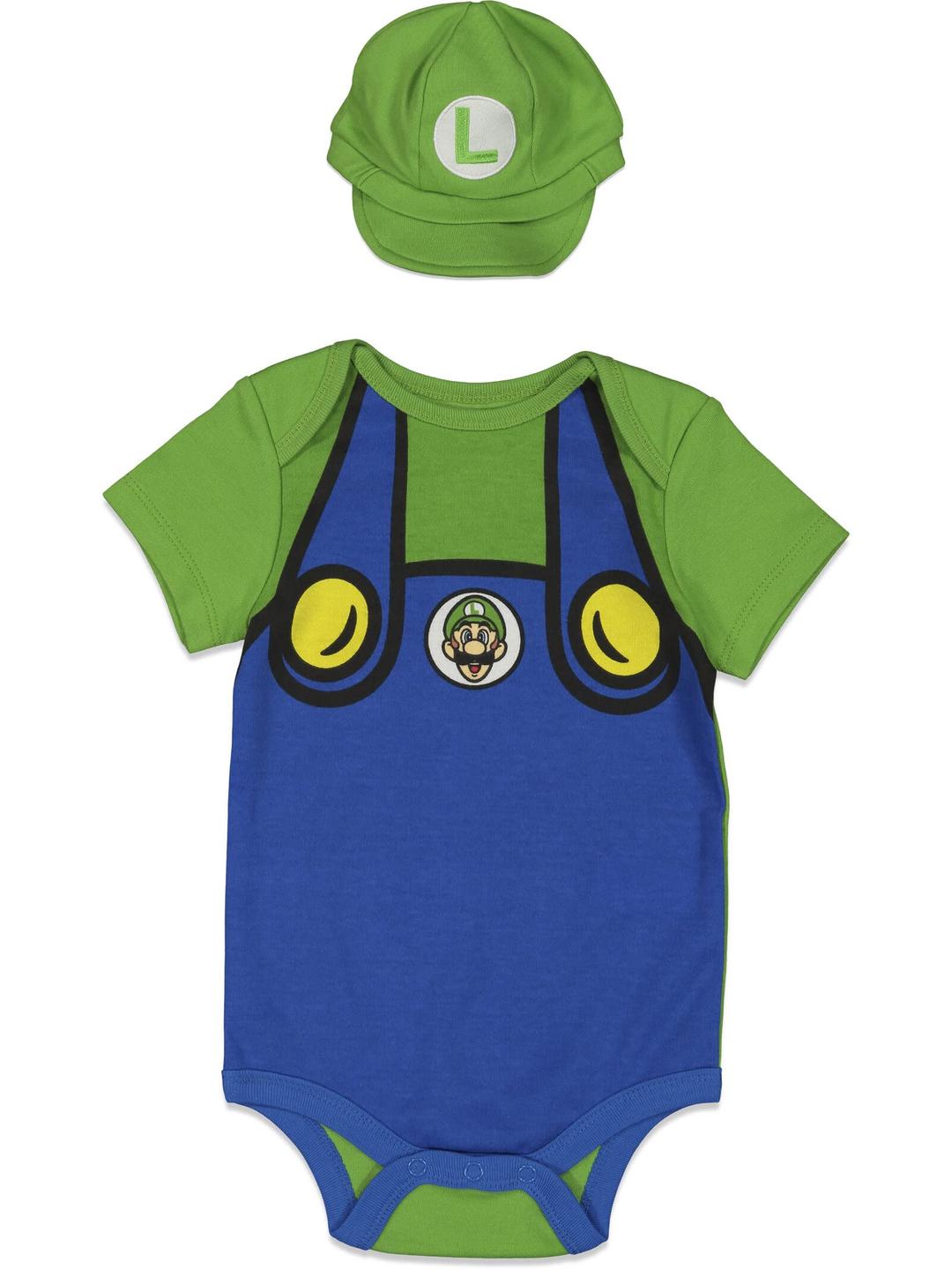 Super Mario Nintendo Mario Luigi Baby Costume Short Sleeve Bodysuit & Hat Infant to Toddler