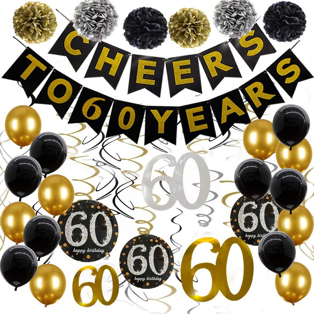 60th Birthday Decorations Cheers to 60 Years black and gold party decorations Happy 60th Birthday Banner 60th birthday balloons 60th birthday decorations for men