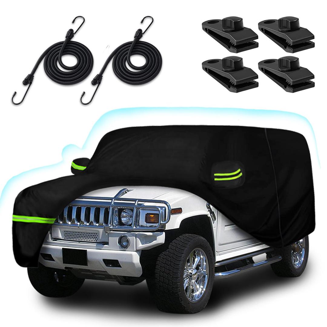 6 Layers Car Cover for Hummer H2 SUV 2002-2009, 210T Waterproof Sun Rain UV Dust Snow Protection Outdoor H2 Full Car Cover with Windproof Gust Strap and Zipper Door-Black