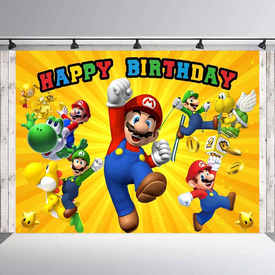 Super Mario Banner Party Supplies Backdrop, Super Mario Background,Super Uncle Bros with Mushrooms Photography Background Cartoon Kids Children Birthday Party Banner