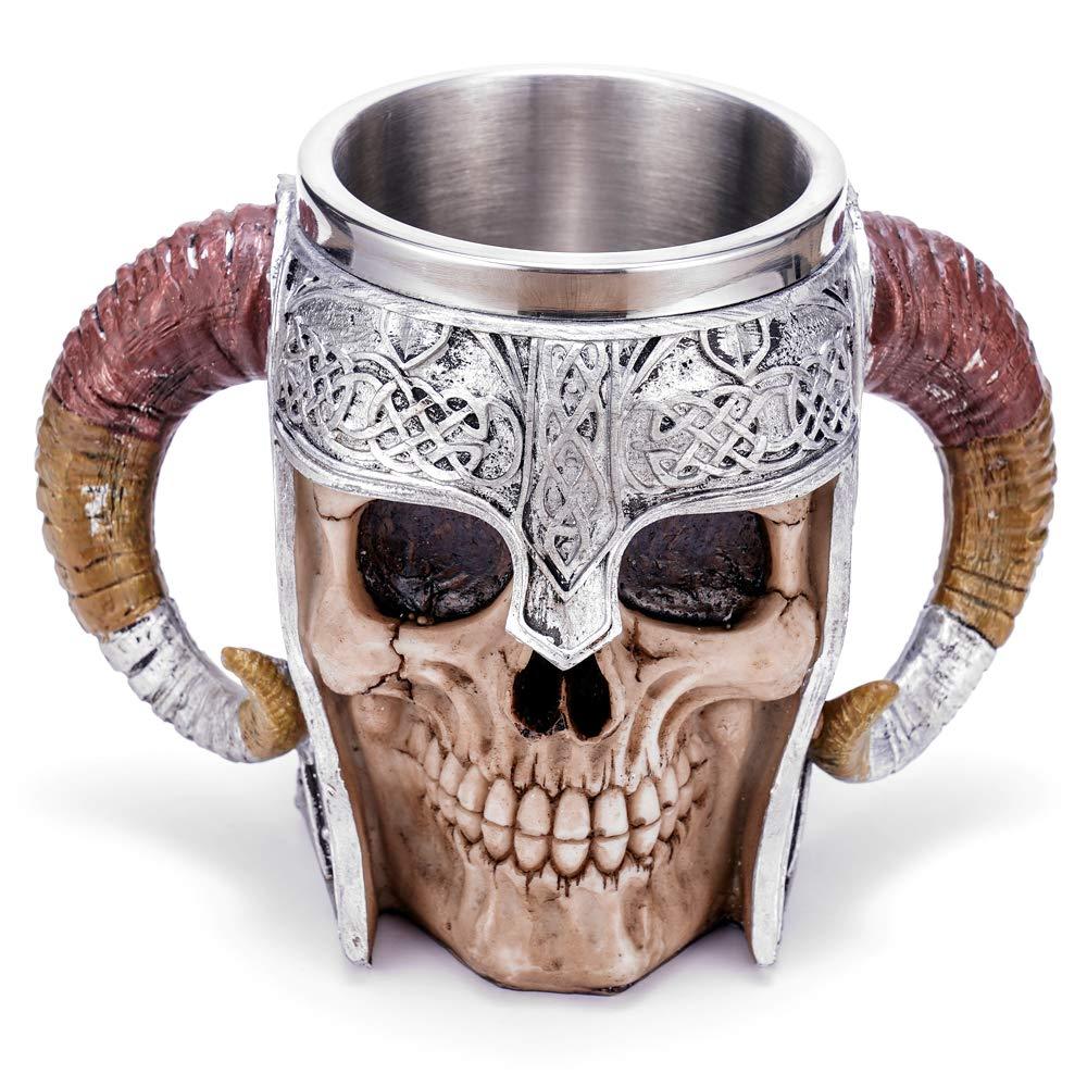 Stainless Steel Double Handle Horn Skull Beer Cup, Viking Warrior Skull Mug Tankard, Medieval Skull Drinkware Mug for Coffee/Beverage/Juice 17oz.