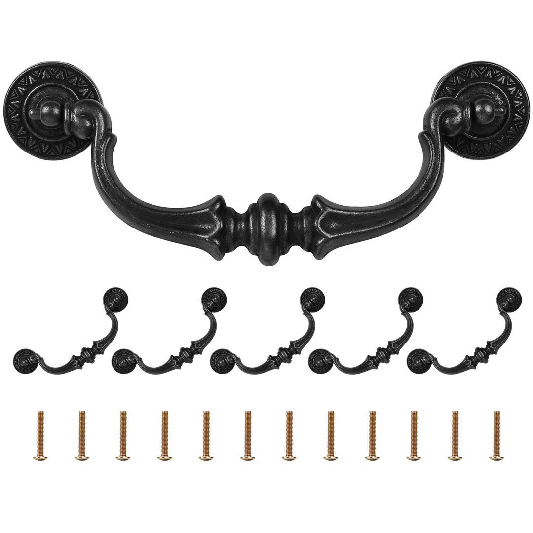 Supkiir 6 Pack Drawer Pulls Handles, 5.5" Hole Center Vintage Antique Black Kitchen Cabinet Knobs Drop Bail Pulls Handles 6.7" Total Length