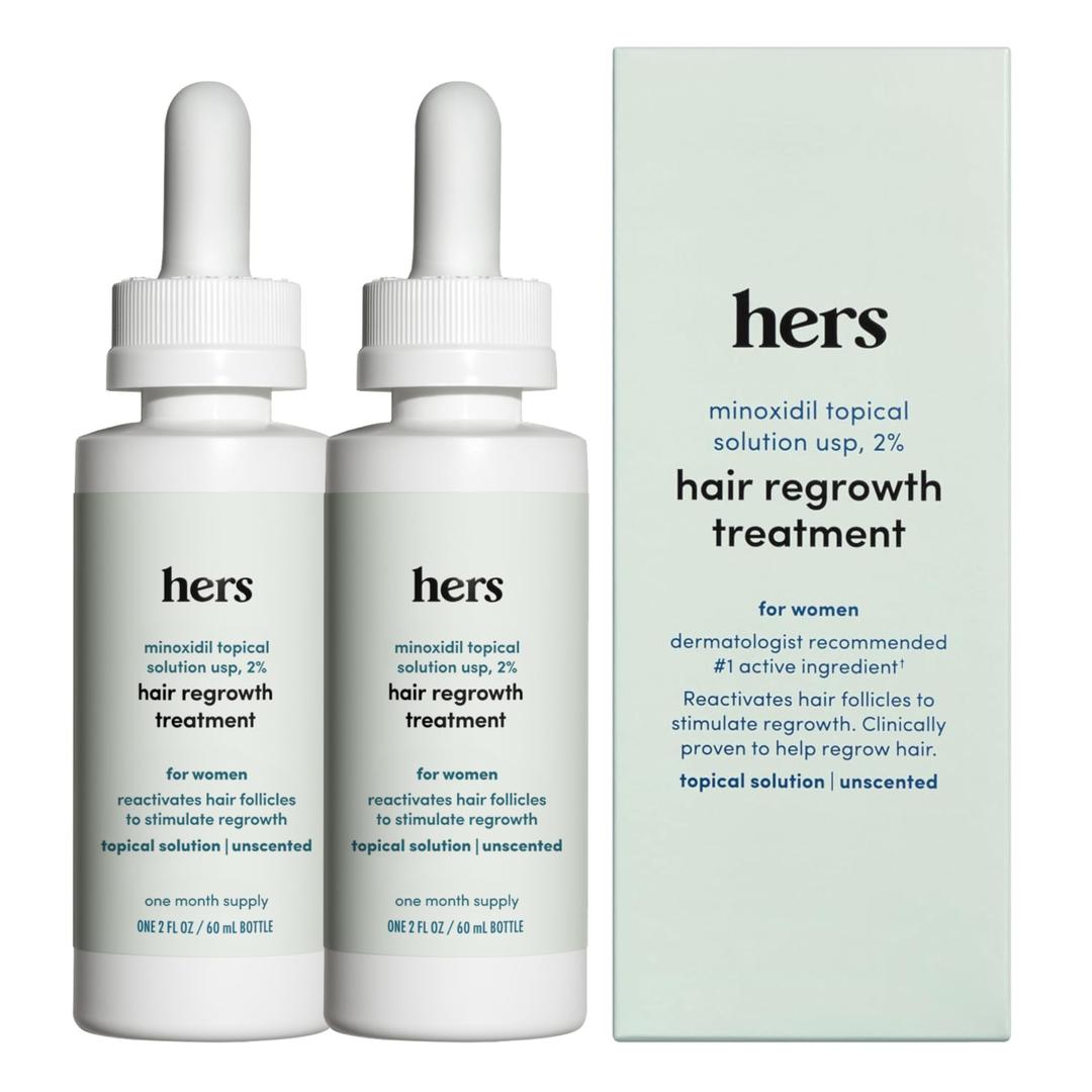 hers Hair Regrowth Treatment for Women with 2% Topical Minoxidil Solution for Hair Loss and Thinning Hair, Unscented, 2 Month Supply, 2 Pack