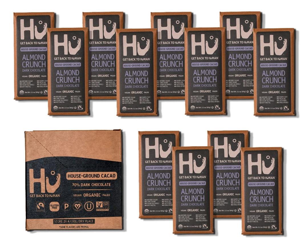 Hu Chocolate Bars | 12 Pack Almond Crunch Chocolate | Natural Organic Vegan, Gluten Free, Paleo, Non GMO, Fair Trade Dark Chocolate | 2.1oz Each