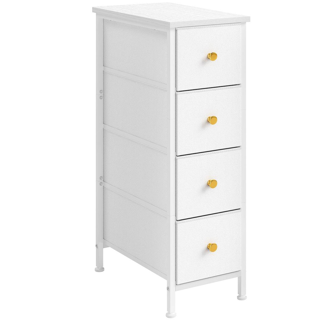 Fixwal Narrow Storage Cabinet, Dresser with 4 Drawers, Slim Fabric Dresser Storage Tower for Small Spaces, White Dresser with Steel Frame, Wood Top, for Bedroom, Bathroom, Living Room, Laundry, Closet