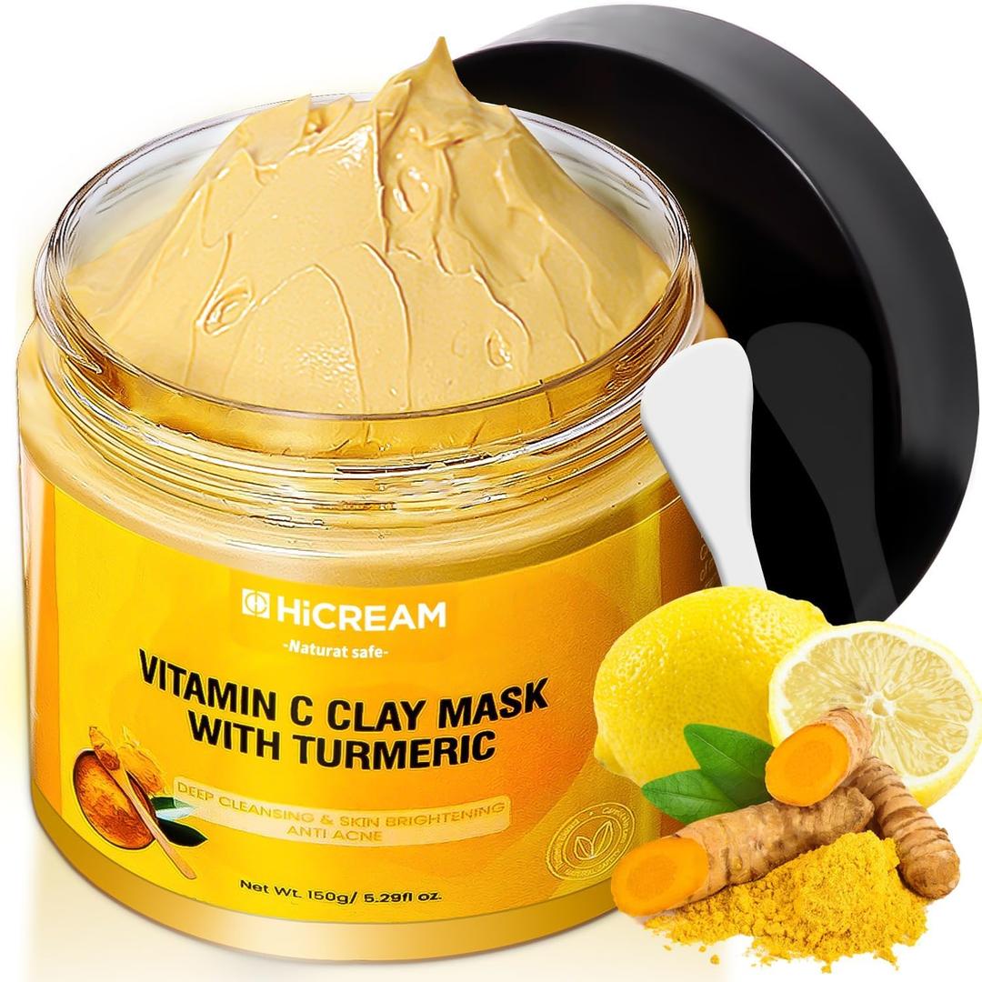 Turmeric Vitamin C Clay Mask, Deep Cleansing Facial Mask, Clay Face Mask Skin Care with Kaolin Clay and Aloe for Pores, Acne, Dark Spots, Hydrating 5.29 Oz (yellow)