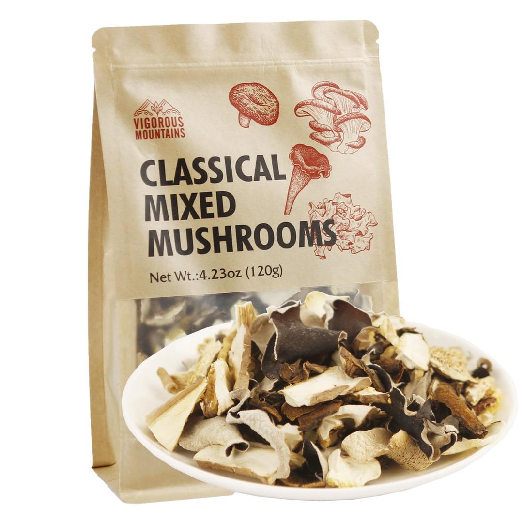 VIGOROUS MOUNTAINS Dried Mixed Mushrooms Blend Including Porcini Shiitake Oyster Woodear Mushrooms 4.23oz, Soft Texture Bold Flavor Vegan Food for Cooking 120g