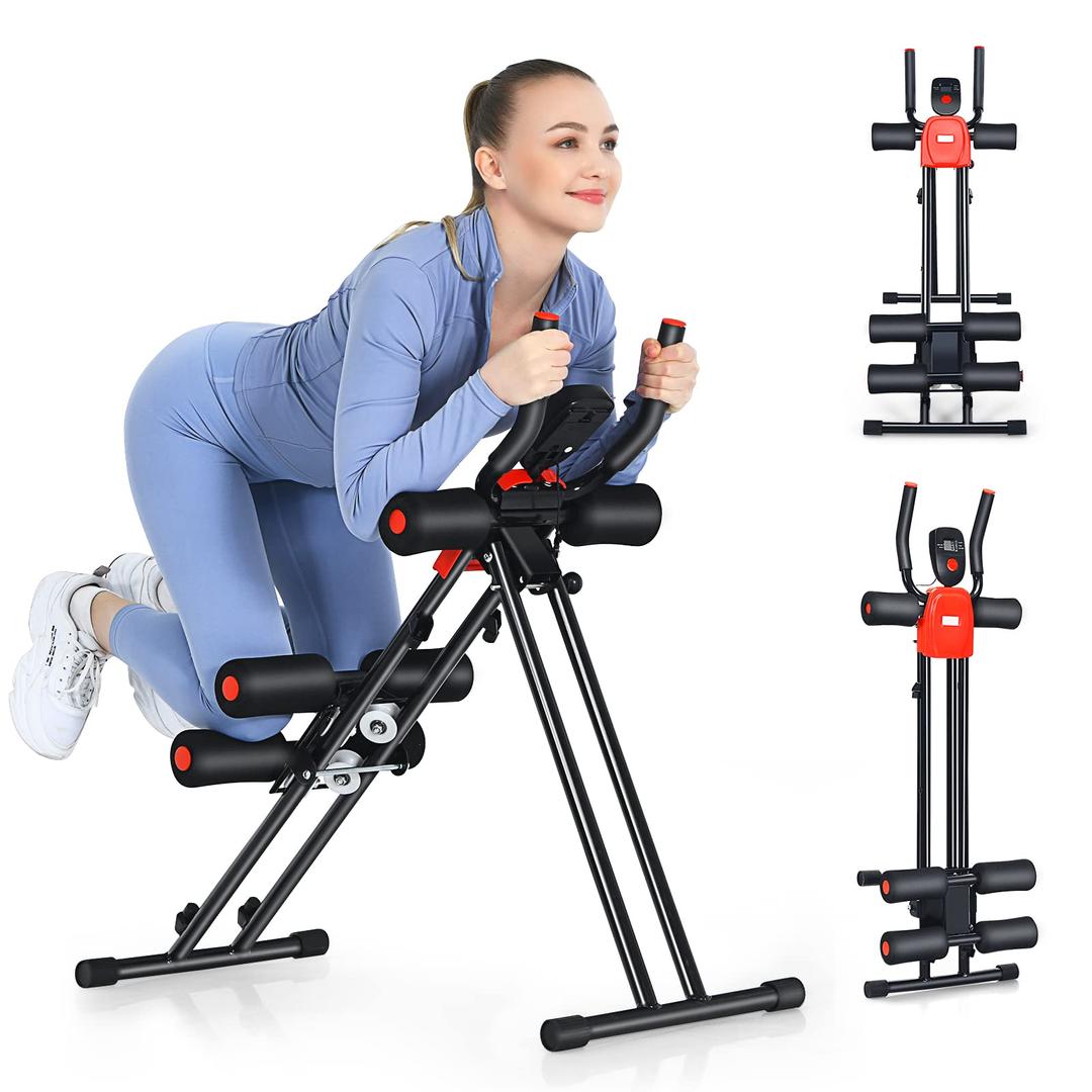 Goplus Foldable Core Abdominal Trainer, AB Workout Machine Exercise Equipment with 3 Adjustable Levels, LCD Display, Ab Cruncher Strength Training Equipment for Home Gym Fitness Black+Red