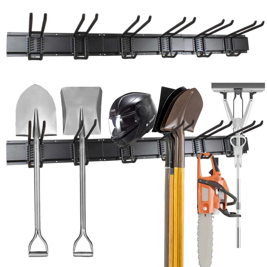 Garage Storage Rack Hooks, 48 Inch Heavy Duty Wall Mount Garage Organization with 3 Rails and 6 Adjustable Double Wall Hooks,Hanging Shelves for Garden Tool/Broom/Mop(Black)