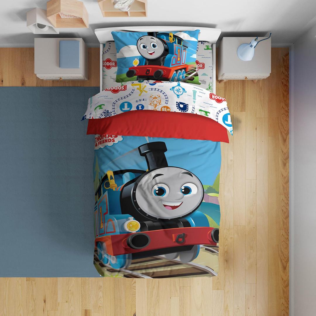 Sunny Side Up Mattel Thomas & Friends Toddler Comforter Set - 4 Piece Preschool Bedding Includes Comforter, Sheets & Pillow Cover - Super Soft Trains Microfiber Bed Set