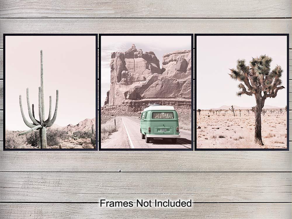 Desert Cactus Travel Photo Set - 8x10 Volkswagen Van Picture Posters - Gift for American West Photography Fans - Unframed Wall Art Prints