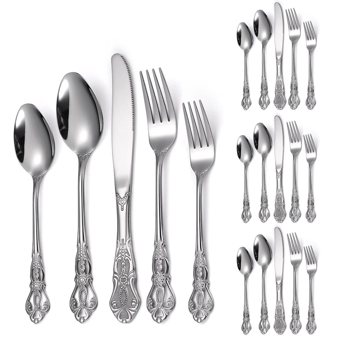 Retro Royal Silverware Silver Flatware Set for 4 Stainless Stainless Forks Spoons Knives 20 Pieces Retro Kitchen Utensils Restaurant Home and Festival Parties Durable