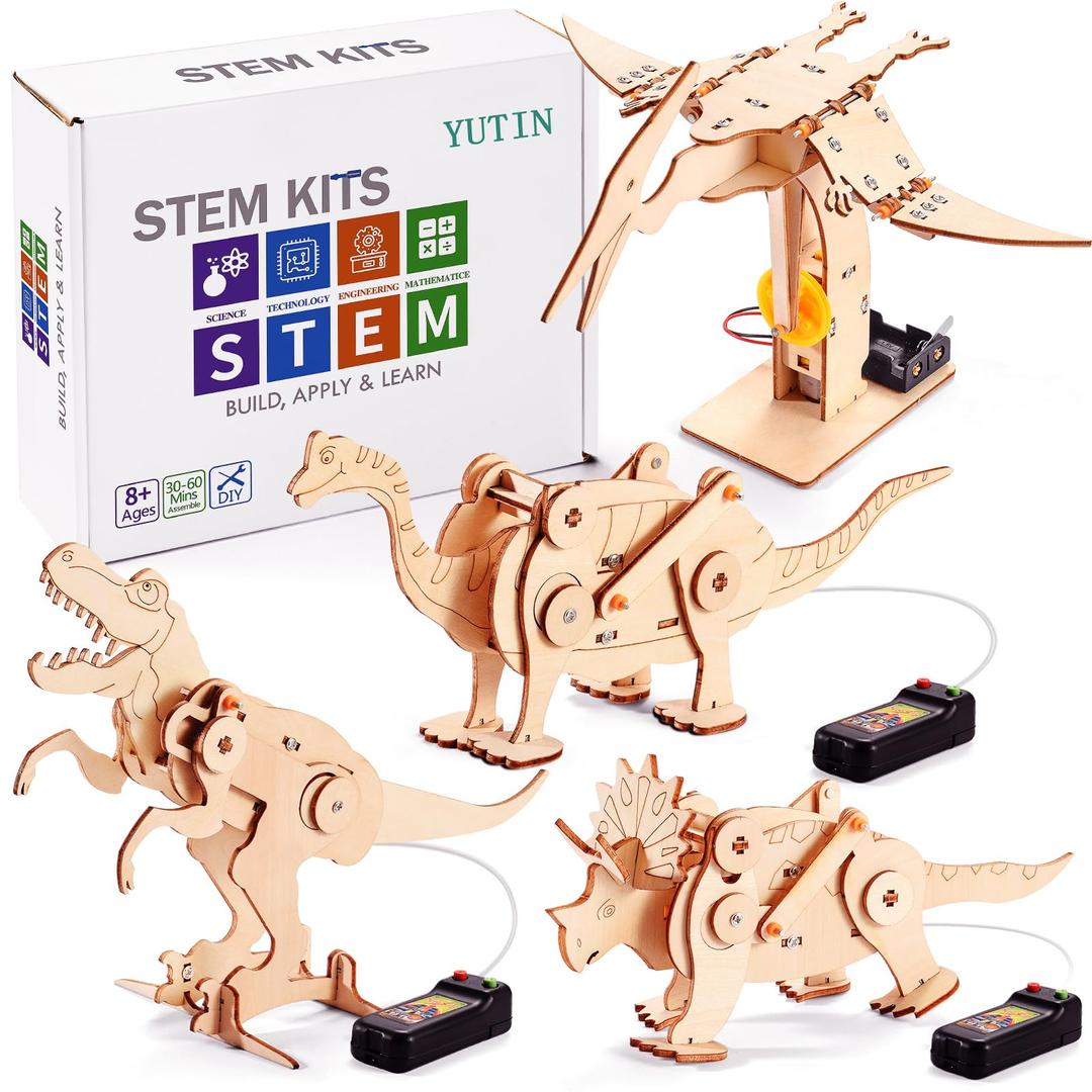 Dinosaur STEM Kits for Kids Ages 6-8-10-12, 4 in 1 Stem Projects, Wood Building Toys for Boys Age 8-12, Build It Yourself Woodworking Kit, DIY 3D Wooden Puzzles Model Science Kit, Craft Kits for Kids