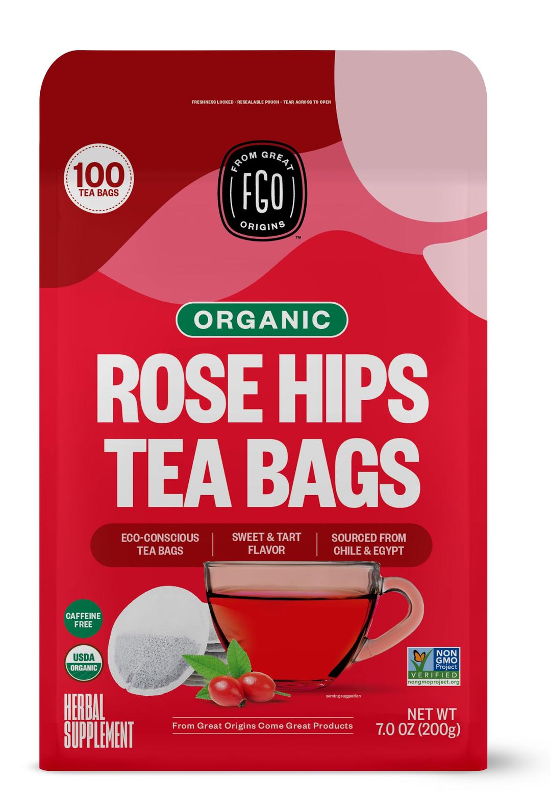 FGO Organic Rosehips Tea, Eco-Conscious Tea Bags, 100 Count, Packaging May Vary (Pack of 1)