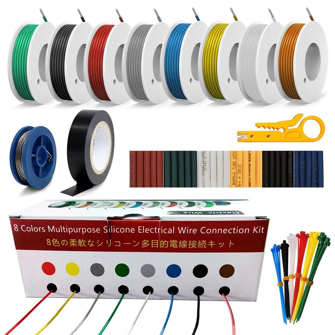 Upinva 20awg Gauge Cable 8 Colors Flexible Silicone Wire Electrical Wiring Kit 8x23ft Solid Wire Spool DIY Easy to Work Wire Included Electrical Tape Tinned Wire and Tool Accessories