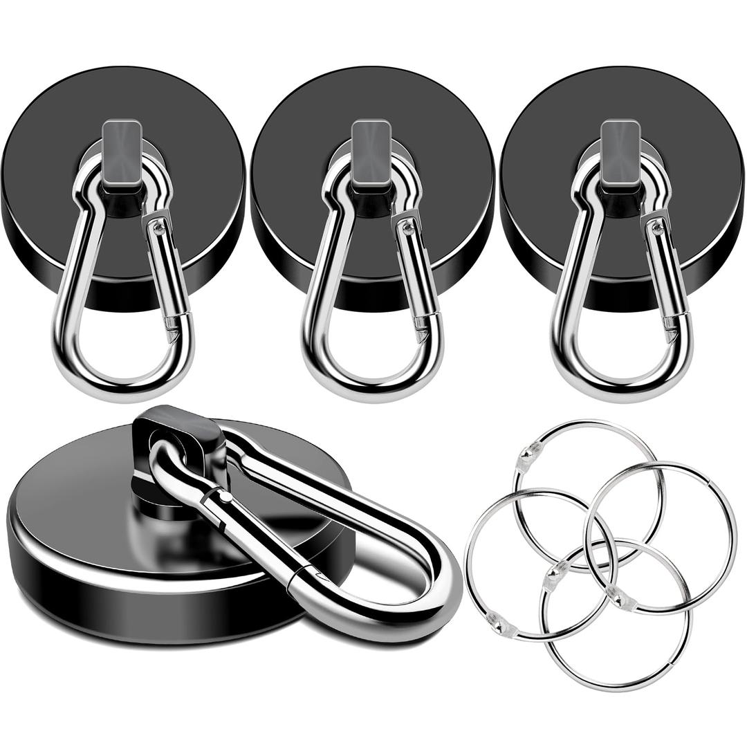 MIKEDE Strong Magnetic Hooks Heavy Duty, 200LBS+ Black Swivel Magnetic Hooks Neodymium Magnets with Carabiner Hook, Magnets with Hooks for Hanging, Magnet Hooks for Curtain, Workplace - 4 Pack