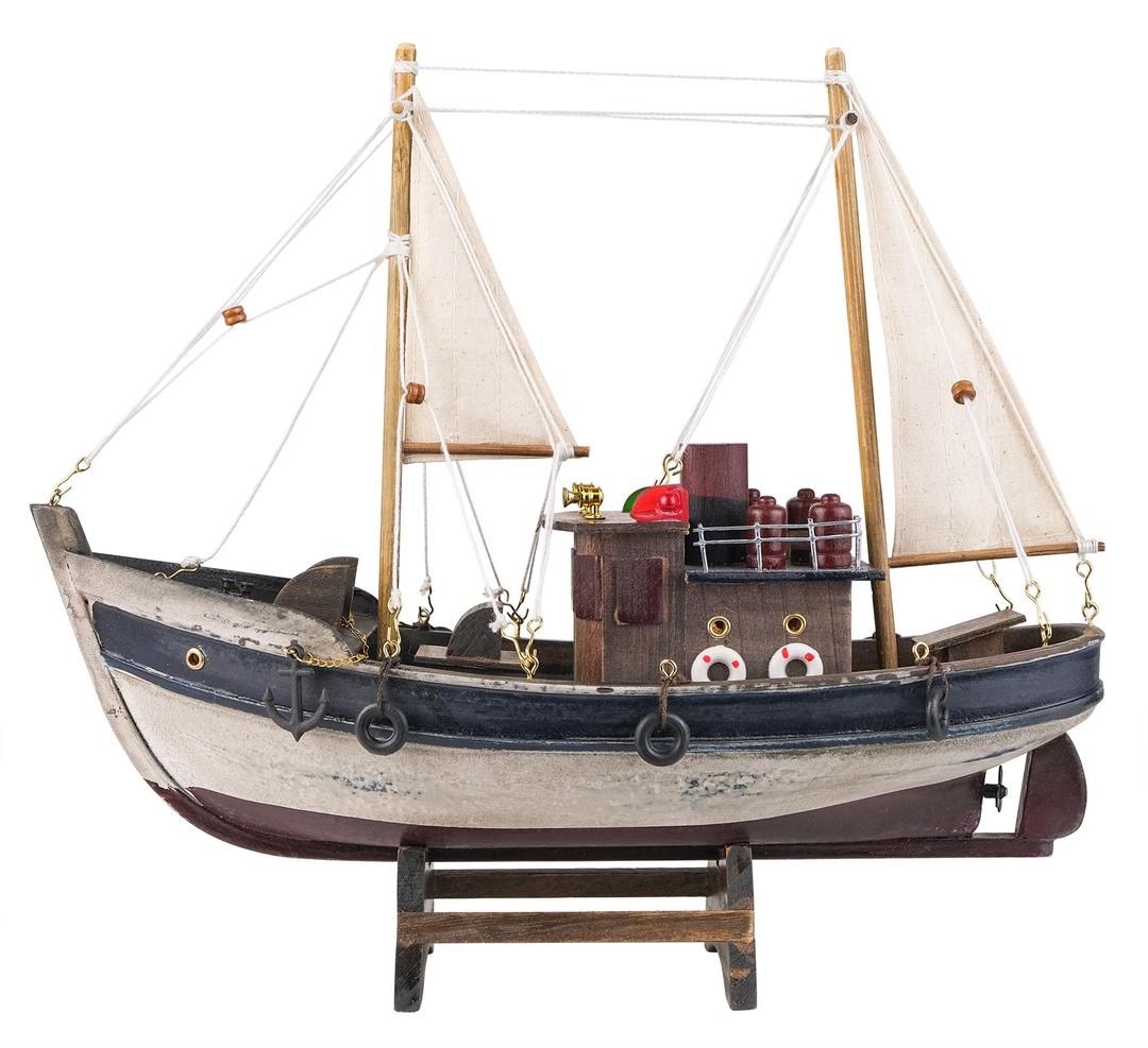 SAILINGSTORY Wooden Fishing Boat Model Sailboat Decor Ship Model Distressed Finish