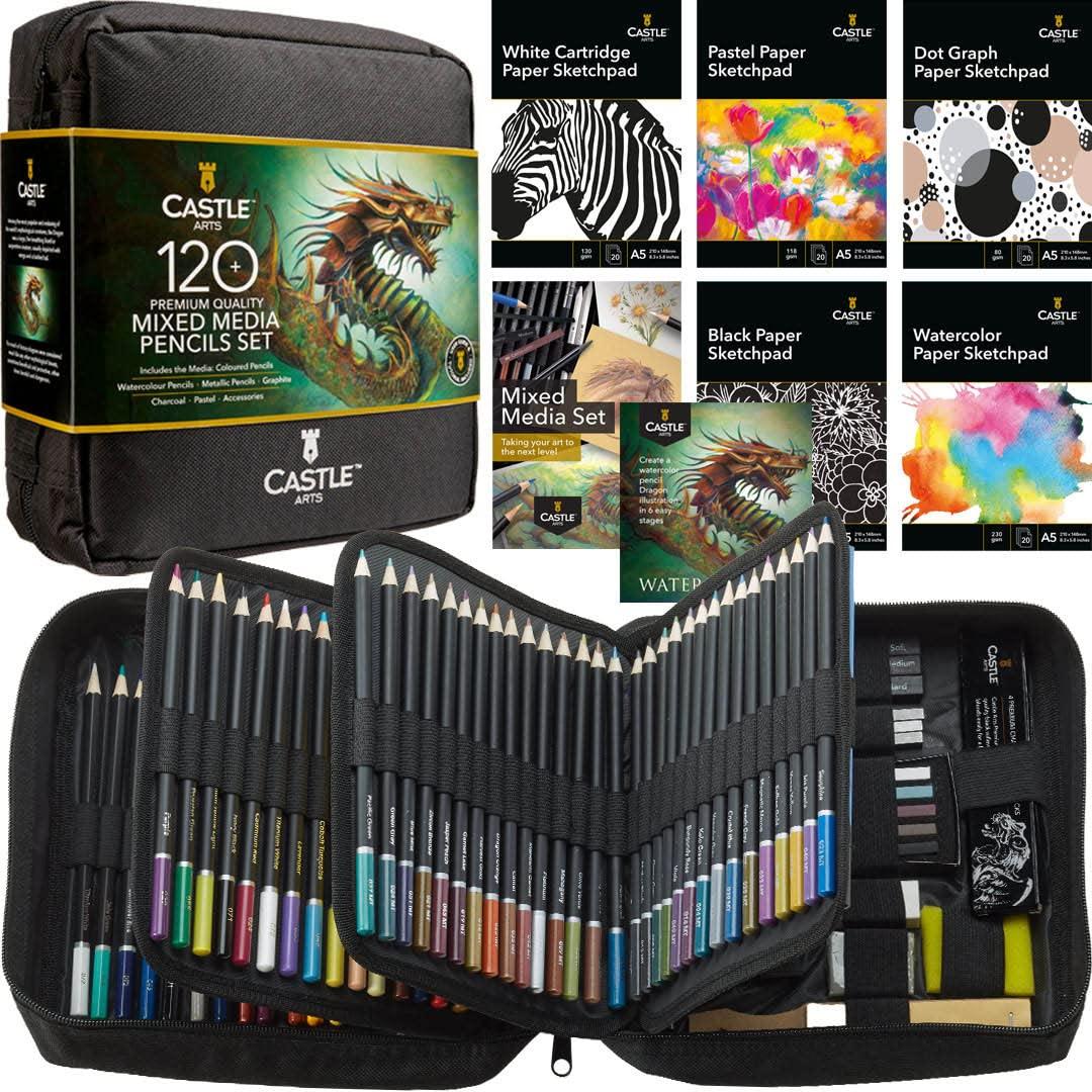 Castle Art Supplies Mixed Media Set | 120+ Art Pencil Collection - Coloured, Watercolour, Pastel, Metallic, Graphite, Charcoal | Creative Freedom for Adult Artists, Colourists | in Neat Travel Case