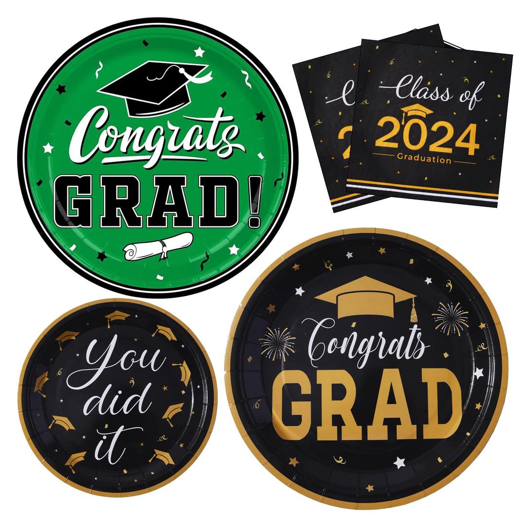 HOMIX Graduation Plates and Napkins Class of 2024 Black Graduation Party Supplies Disposable Paper Dinnerware Sets Serves 50