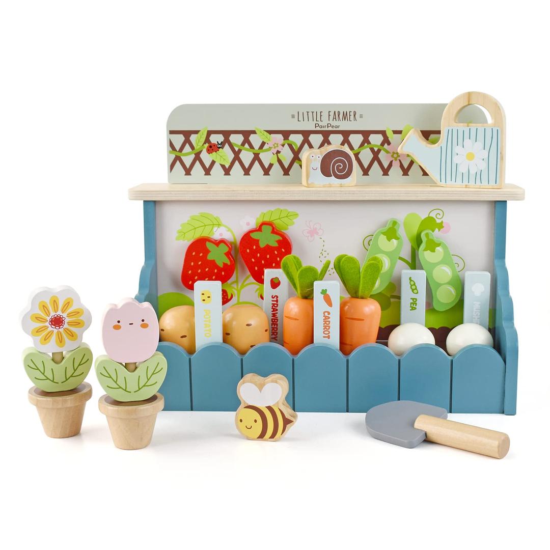 PairPear Flower Garden Toy Playset,Toddlers Wooden Toys Play Food Set for Girls Boys 3 Years and Up