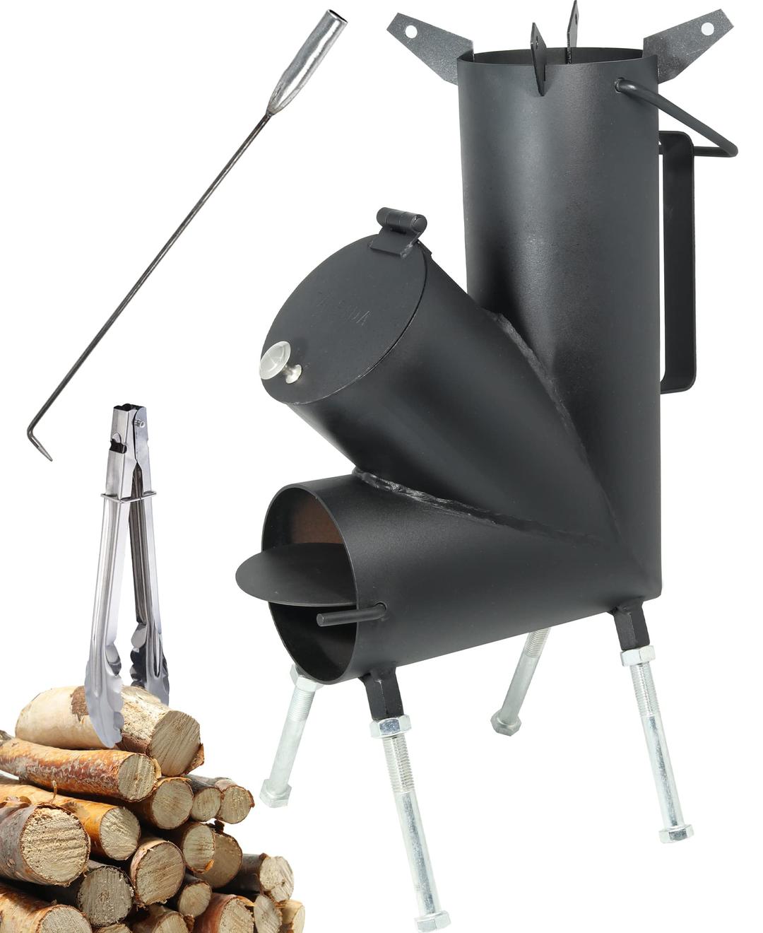 ROCKET STOVE is the perfect wood stove. A portable wood-burning camping stove with a fire poker. For camping gear & survival gear, backyard cooking. Camping grill, outdoor events.