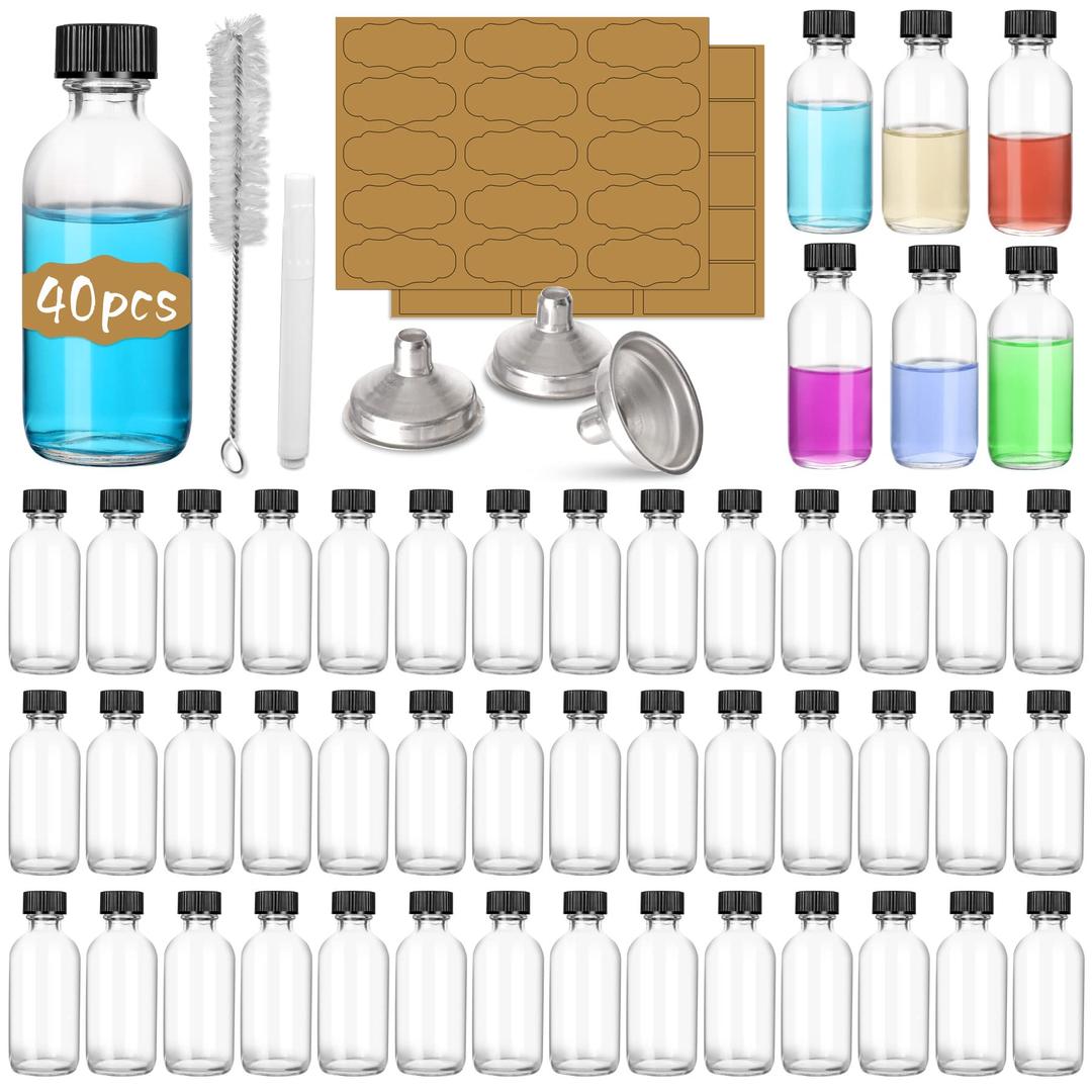 (40 Pack) 2 oz Small Glass Bottles with Airtight Lids, 60 ml Empty Clear Sample Boston Bottle/Vials/Containers with 90 Sticky Labels, Brush, Funnels