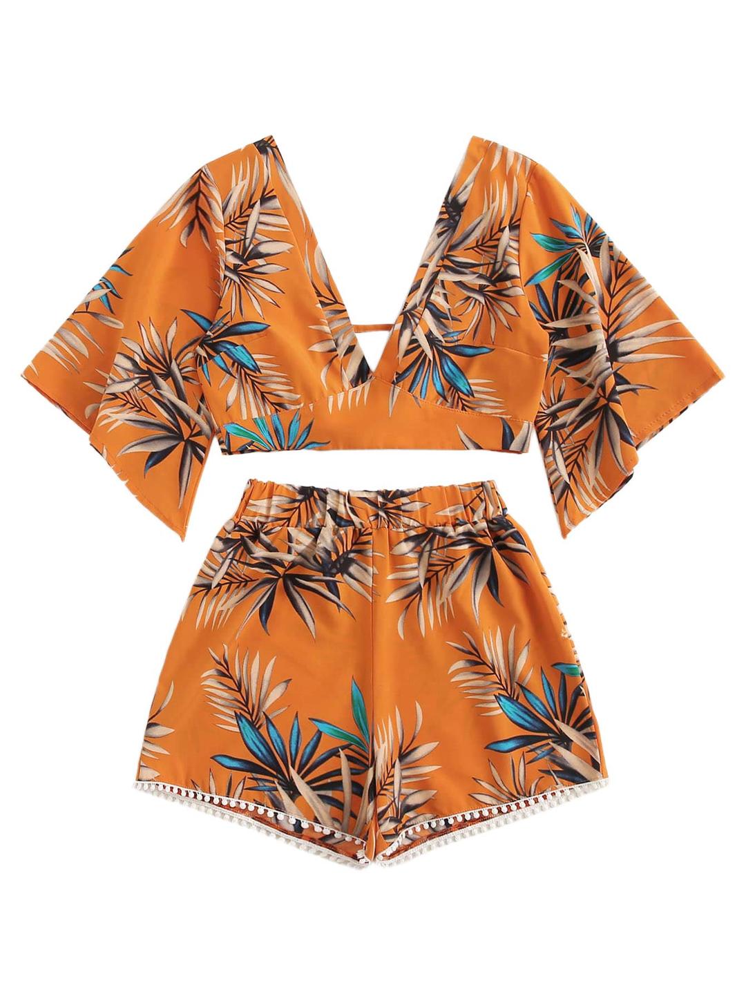 SweatyRocksWomen's 2 Piece Boho Butterfly Sleeve Knot Front Crop Top with Shorts Set