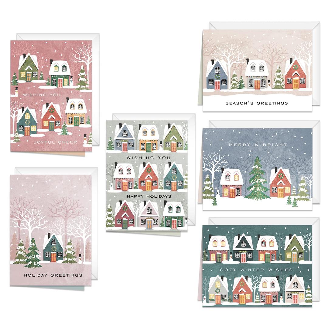 Canopy Street Snowy Village Holiday Cards / 24 Christmas Note Cards With White Envelopes / 4 5/8" x 6 1/4" Festive Greeting Cards / 6 Seasonal Winter Wonderland Houses Designs