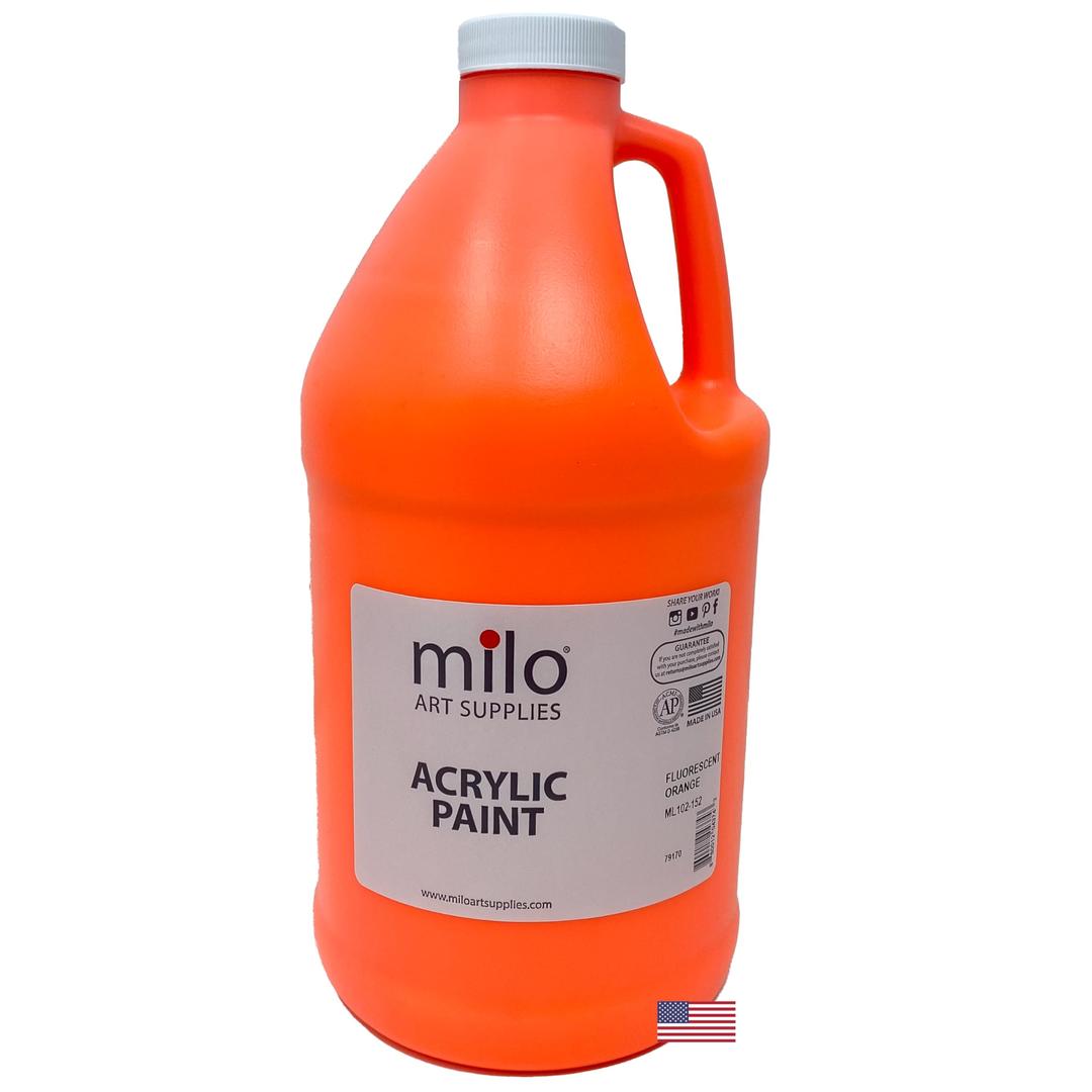 milo Fluorescent Orange Neon Acrylic Paint | 64 oz Bottle Half Gallon | Glows UV in Black Light | Non-Toxic Made in USA | Bulk Art Paint for Party, Student, Classroom, Artist