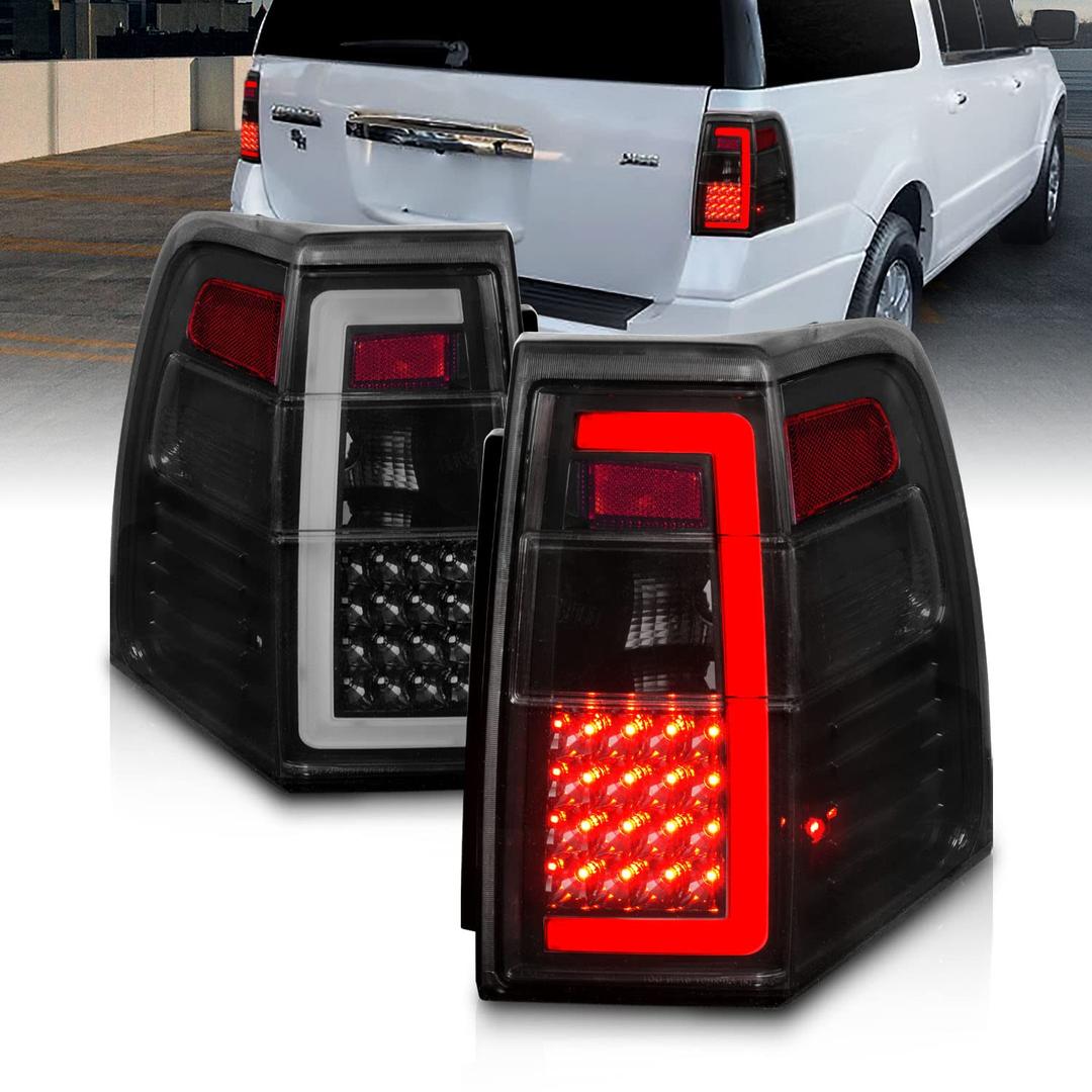 AmeriLite for 2007-2017 Ford Expedition [Full LED] C-Type Tube Smoke Black Replacement Tail Lights Set - Passenger and Driver Side