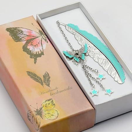 Hand-Made Retro Glowing Metal Bookmarks, Metal Bookmark Glow Butterfly Feather Bookmark Luminous Bookmark Including Gift Boxes(Butterfly Meteor Silver Feather)