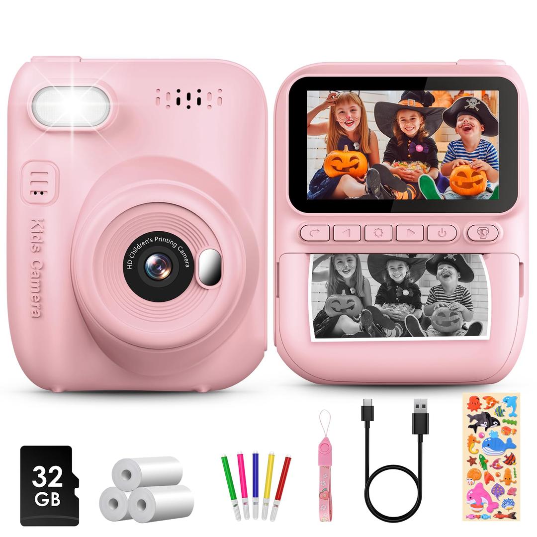 Kids Instant Print Camera, 3.0-inch HD Screen 32MP Photo Instant Digital Camera Christmas Birthday Gifts Toys for Toddle Children Girls Boys Age 3-12 - Pink