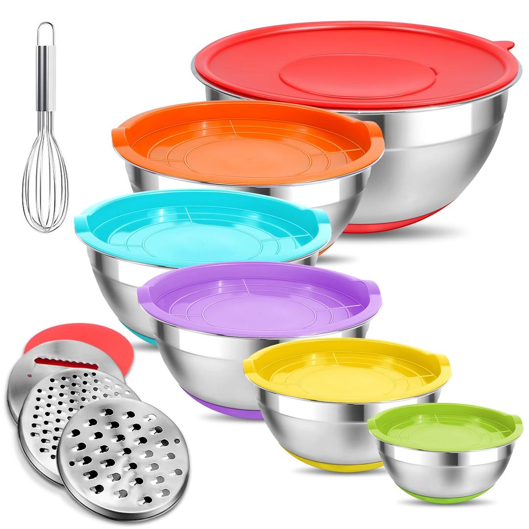 Mixing Bowls with Lids Set Airtight, 6 Piece Stainless Steel Nesting Bowls with 4 Grater Attachments, Non Slip Bottoms Kitchen Cooking and Serving Food, Size 5.5, 4, 2.5, 2.1, 1.5, 1.2 QT